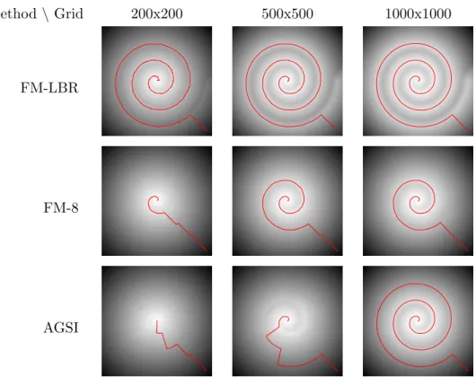 Figure 9: Visual comparison of the accuracy of three algorithms, at three resolutions, in the 2D test case