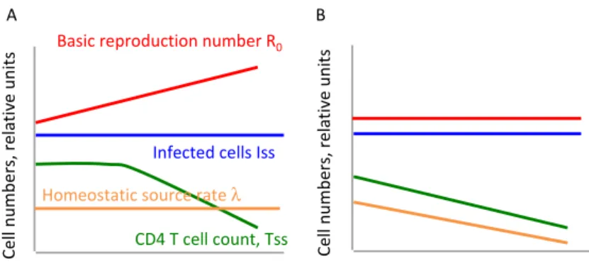 Figure 1. Two alternative hypotheses of the gradual decline of CD4 T cell count tested in the present  article