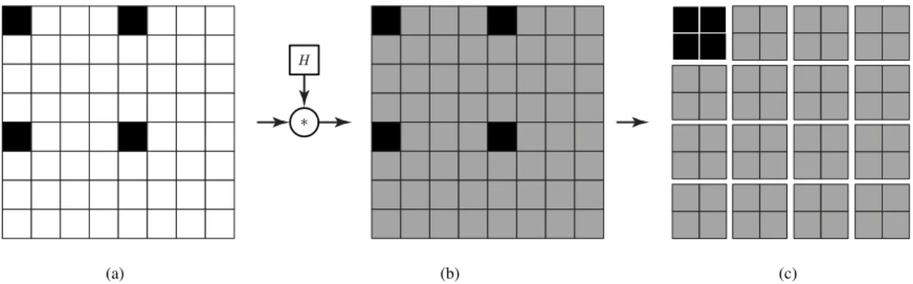Fig. 7. DS image formation: (a) sparse channel I ˜ i (with non-zero pixels in black), (b) fully-defined channel I ˆ W B i estimated by WB interpolation, (c) DS images of I ˆ W Bi .