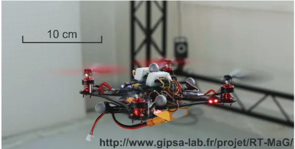 Figure 1:  The X4-MaG quadrotor weighs only about 307g, and its full span is about 30cm