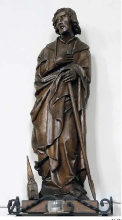 Fig. 16.19   Maître Balthazar, Vierge et Saint Jean  l’Évangéliste, chêne, 50 cm, vers 1530-1540,   Huy, église Notre-Dame (trésor)