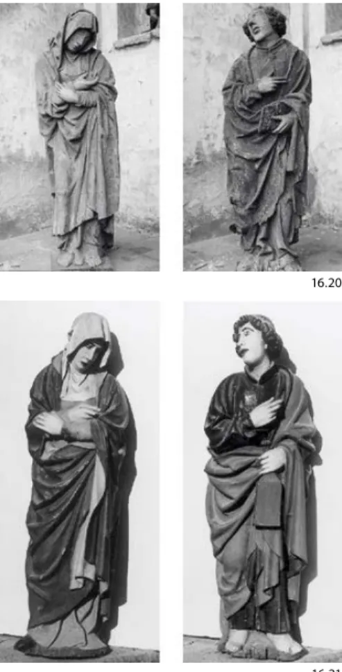 Fig. 16.20   Maître Balthazar, Vierge et Saint Jean  l’Évangéliste, chêne, vers 1530-1540, Les  Waleffes, chapelle du Calvaire (œuvres volées) Fig