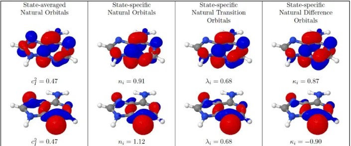 Figure 6 shows that the state-specific NOs possess the same overall shape as the state-averaged  NOs, but clear differences are visible especially concerning the weakly occupied NO (shown on  top)