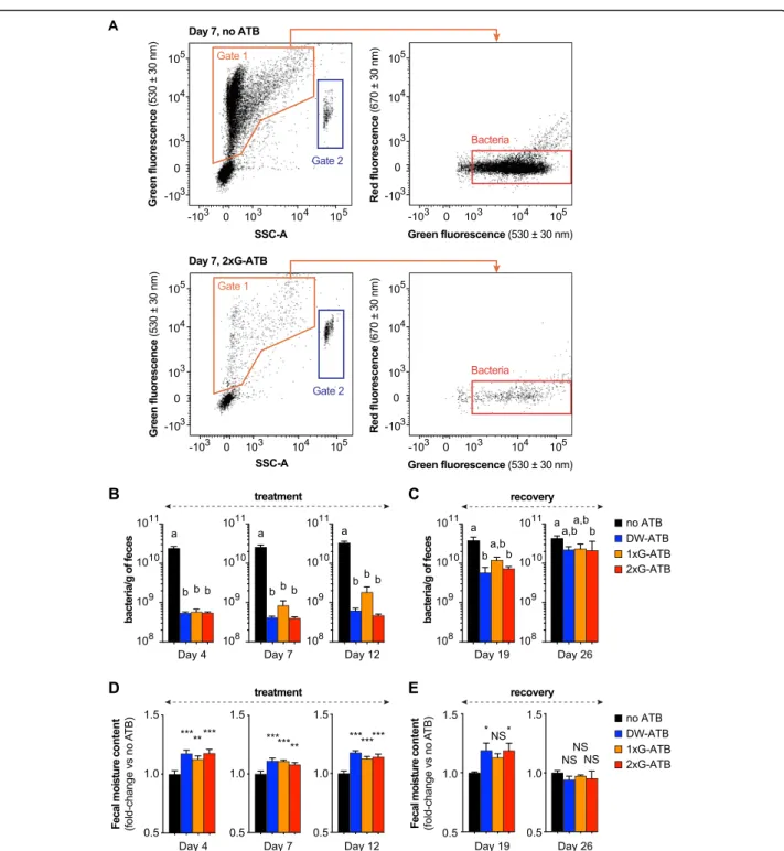 Fig. 1 Effect of antibiotics on fecal bacterial density and fecal moisture content in mice