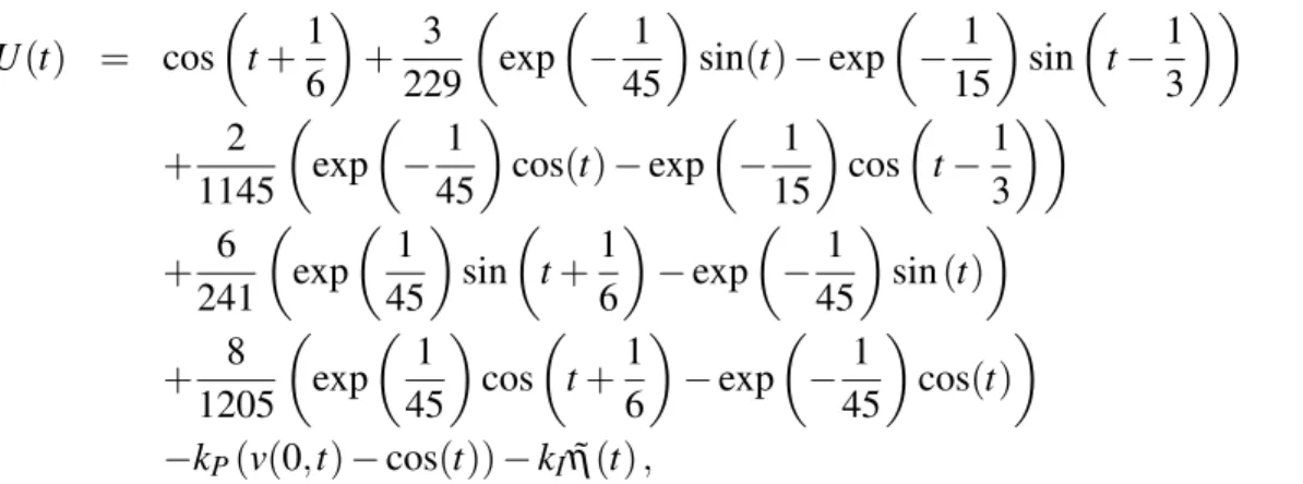 Figure 4 shows that the output of the system v(0, t) follows the desired trajectory under the PI controller given by U(t) = cos  t + 1 6  + 3 229  exp  − 1 45  sin(t) − exp  − 1 15  sin  t − 13  + 2 1145  exp  − 1 45  cos(t) − exp  − 1 15  cos  t − 13  + 6