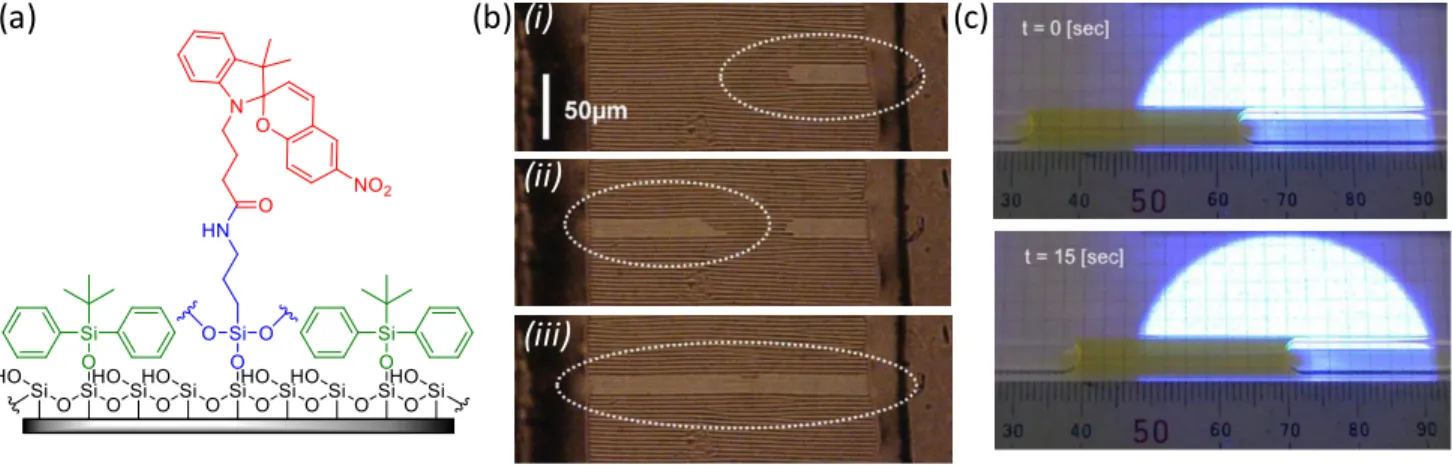 Figure 4: Spiropyran-based examples of liquid photoactuation. (a) Representative chemical structure of  the substrate used in  reference 153 with  the spiropyran in  red, the silylated spacer in  blue,  and the   t-butyldiphenylsilyl used to « dilute » the