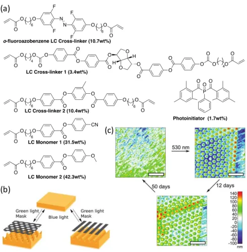 Figure 34: (a) Chemical structures of the liquid crystal components. (b) Illustration of the configuration  of the surface topography with the use of a mask