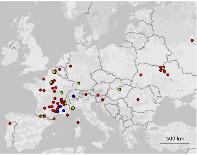 Fig 1. Map of the geographical location of Microbotryum saponariae individuals sampled in 97 populations of the host plants: 1) Saponaria officinalis (red circles, n = 92), including those used for the first polymorphism screening (green circles, n = 11), 