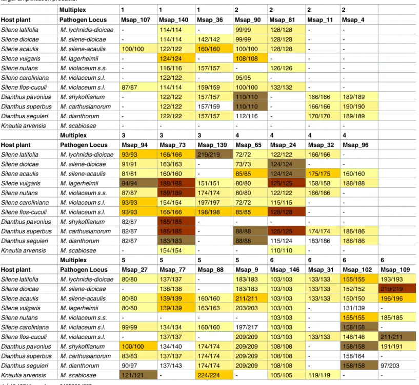 Table 2. Results of cross-species amplification of the 22 microsatellite loci in nine additional Microbotryum species