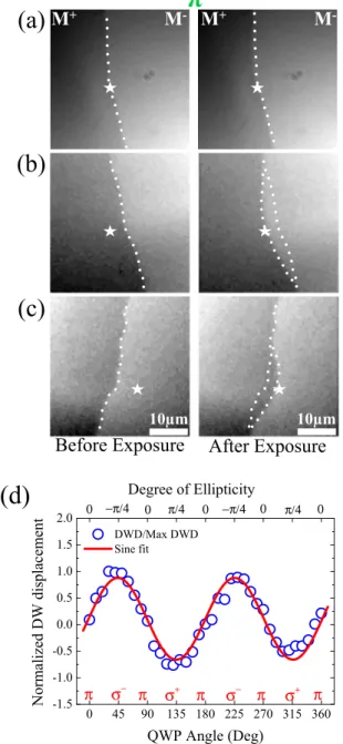 FIG. 3. (a)–(c) Magneto-optical Faraday images of a DW in a Pt(4.5 nm)/Co(0.6 nm)/Pt(4.5 nm) thin film exposed to 40-fs linearly polarized (π ) laser pulses with a fluence of 7 mJ cm − 2 