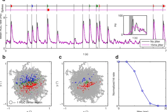 Figure 4.  Synchronous spike patterns follow MSs and depend on the landing location. The stimulus is  still the face of Fig. 3a