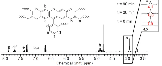 Figure S 3.  1 H NMR in D 2 O of calcein before and during irradiation (t=30 and 90 min)