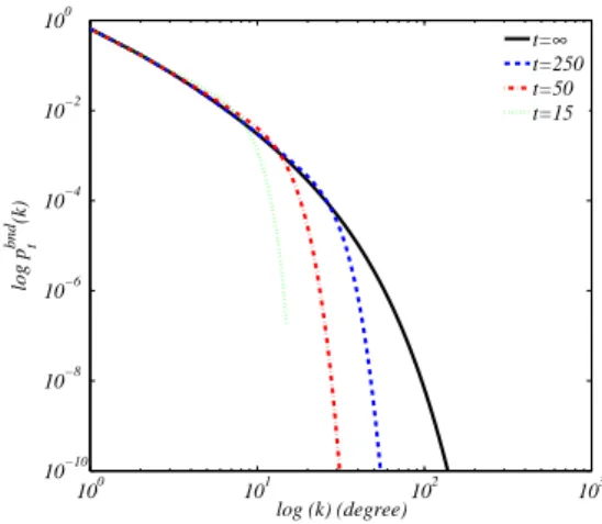 FIG. 2: Time evolution of the degree probability distribution p t (k) for M ∞ (loglog plot), for M ∞ = 10