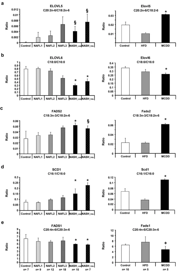 Figure 4.  Decrease in ELOVL 6 and FADS1 activities in NASH patients and mouse feeding a methionine- methionine-choline deficient diet