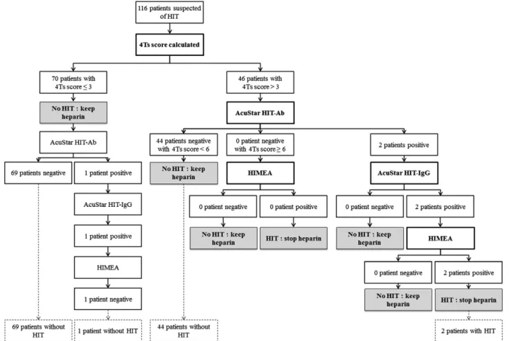 Fig. 1. Flow chart with results. Thresholds for AcuStar HIT-Ab, AcuStar HIT-IgG and HIMEA are, respectively, 9.41 U/mL, 2.89 U/mL and 276 U/mL at 1 IU/mL UFH and a reduction N 80% at 385 IU/mL UFH.