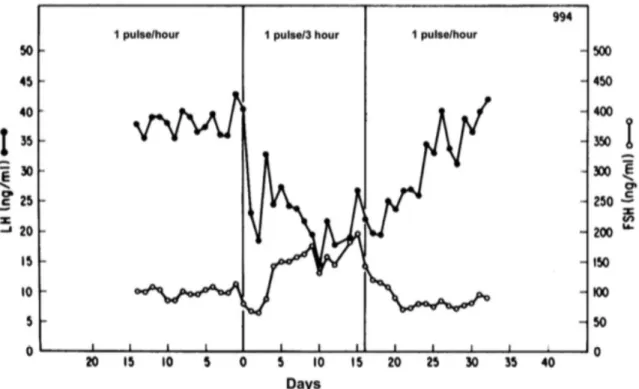 Figure 8 : La fréquence d’administration pulsatile de la GnRH a des effets différents sur la sécrétion des  gonadotrophines