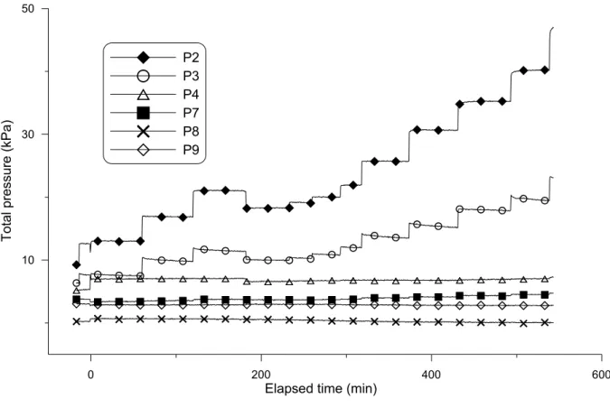 Figure 6. Results of test E1: Total pressure changes versus elapsed time at different locations 