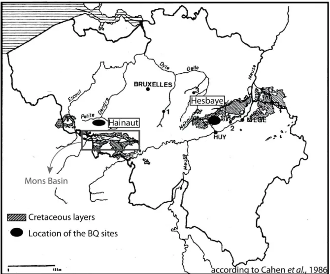 Figure 2. Location of the Cretaceous layers in Belgium that provide the siliceous raw materials exploited by the  Early Neolithic population