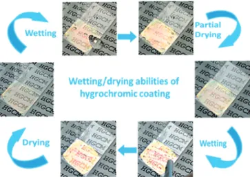 FIG. 4. Evolution of the color of a glass slide coated (half of the surface) with mesoporous oxide Bragg layer stack during successive wetting and  dry-ing steps.