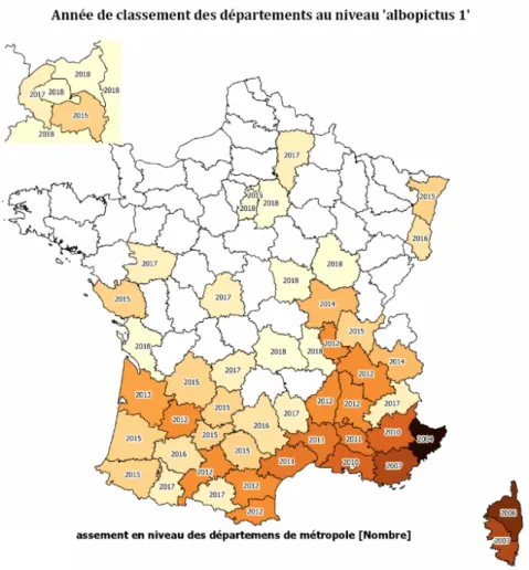 Figure n°3 : Année de classement des département français au niveau « Albopictus 1 » d’après le ministère de la  santé