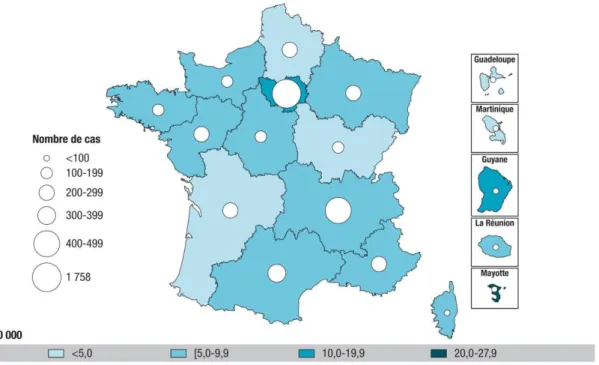 Figure 3 : Nombre de cas déclarés et taux de déclaration de tuberculose (pour 100000) par région de déclaration,  France entière, 2015 (n=4741), extrait de (Guthmann et al