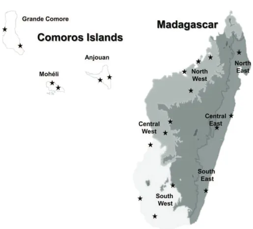 Figure 1. Samples collection sites in the Comoros Islands and Madagascar from 2006 to 2007.