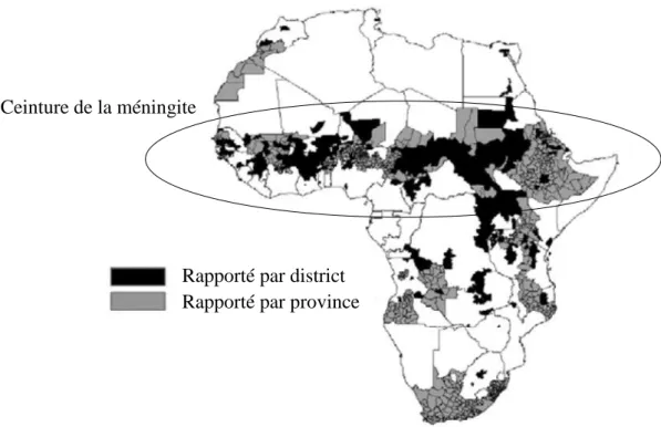 Figure  3 :  Répartition  des  épidémies  de  méningite  à  méningocoque  notifiées  en  Afrique, 1841-1999