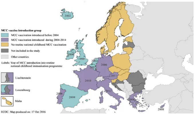 Figure  11 :  Année  d’introduction  du  vaccin  dirigé  contre  le  méningocoque  C  en  routine chez l’enfant par pays, UE/EEE, 1999-2014