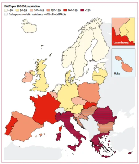 Figure 1.4 Fardeau épidémiologique de l’antibiorésistance estimé en DALYs pour 100 000  habitants en Europe 