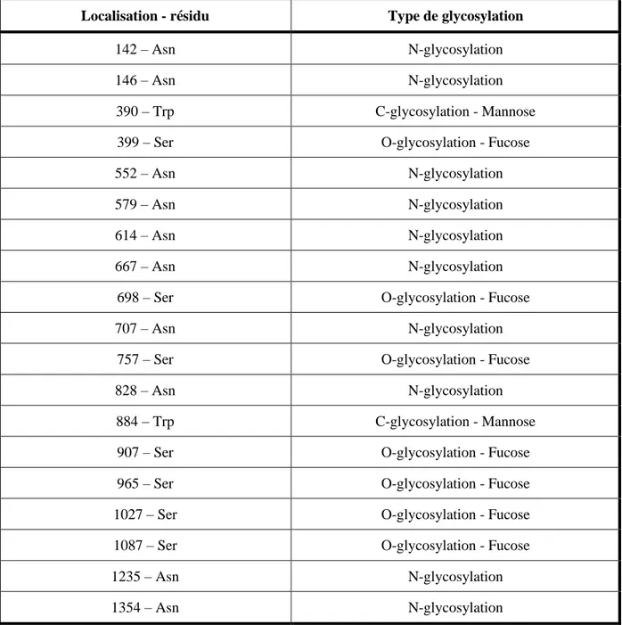 Tableau 1 : Localisation des sites de glycosylations de la protéine ADAMTS13 avec le type  de glycosylation retrouvé