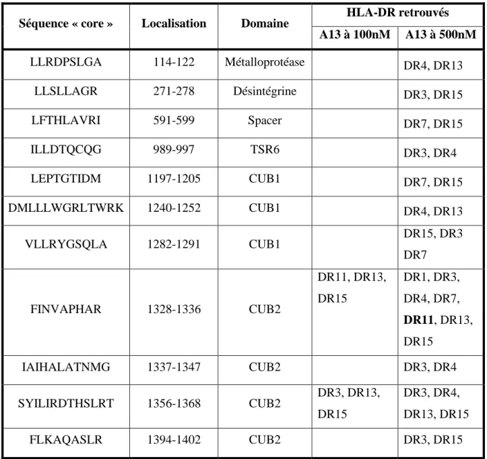 Tableau 4 : Peptides d’ADAMTS13 présentés par les molécules HLA-DR issues de MoDCs  chargées  avec  différentes  doses  d’ADAMTS13,  chez  des  donneurs  sains  d’HLA  différents,  d’après Sorvillo et al.