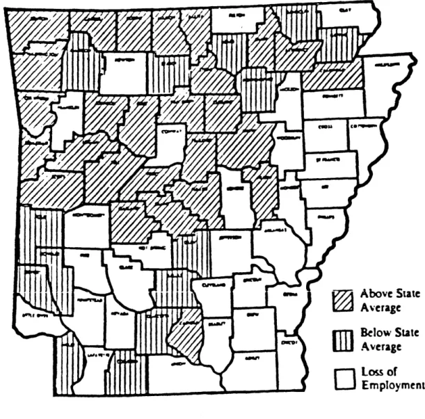 FIGURE  2.  Employment  growth  by  county,  1980-86  showing  above/below state average  (6%)  and  loss  of  employment