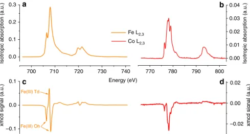 Figure 5 | Element-speciﬁc characterization of the functionalized nanoparticles. XAS and XMCD signals measured on sample 1 at the Fe (a,c) and Co (b,d) L 2,3 edges at 5 K and 6 T.