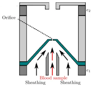 Figure 1.7: Schematic representation of a blood analyzer orifice neighborhood, with e 1 and e 2 the cathode and anode, respectively.