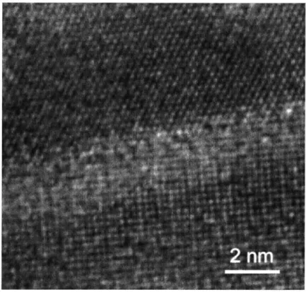 Figure  2-11:  A  direct  lattice  image  of  a  typical  interface  between  A1 2 0 3  and  c-ZrO 2  in  an A1 2 0 3 /c-ZrO 2 (Y 2 0 3 )  eutectic  shows  an  incoherent  phase  boundary.