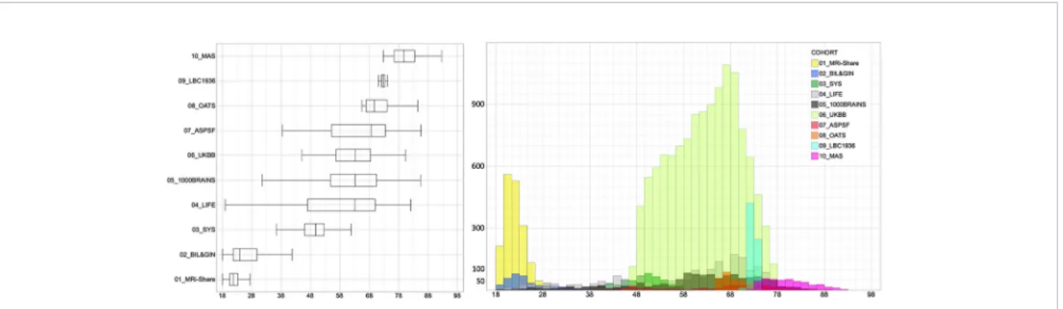 Table 1 and Figure 1 detail the contribution of each cohort to each age category. Because we planned running analyses at the age category by cohort by sex level, we discarded subsamples of small sizes, namely, containing less than 30 individuals.