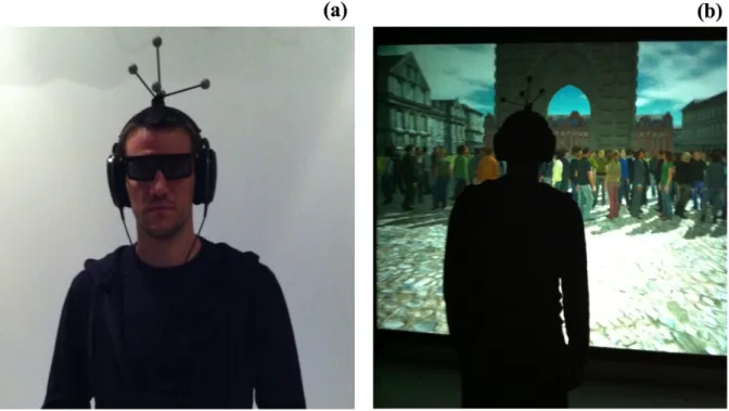 Fig. 1 Virtual reality setup. (a) A participant equipped with polarized glasses, headphones and a tracking device