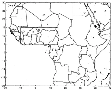 Figure  2-6:  West  Africa  region.  Radiosonde  stations  used  in  NCEP/NCAR  R-1 Reanalysis,  o  =  twice  daily  observation,  X  = once  daily  sounding  at  12