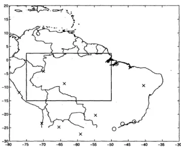 Figure  2-21:  Amazon  region.  Radiosonde  stations  used  in NCEP  R-1  reanalysis.  o  = twice  daily  soundings,  X  =  once  daily  sounding  at  12  (J