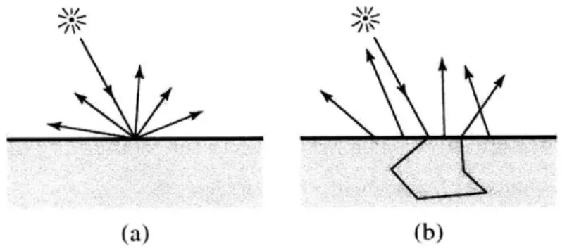 Figure  2-1:  In  a BRDF  (a),  light  must enter  and exit  at the same  point.  In a BSSRDF (b),  light  can  scatter  beneath  the  surface  and  exit  at  a  different  point