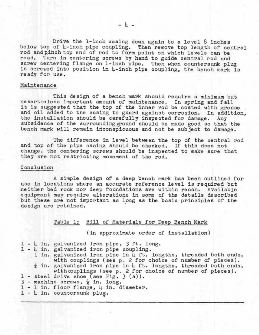 Table  1:  Bill ,of  Merterlals  for  Deep  Bench  Mark  (  In  approximate  o r d e r   or  inst allat  f  on)  1  -  4  in,  g a l v a n i z e d   iron  p i p e ,   3  ft