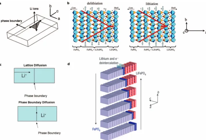 Figure 11. Anisotropic models of the single-particle LiFePO 4 transformation mechanism as described by (a) Chen et al., 28 (b) Laffont et al., 67 (c) Allen et al., 75 and (d) Delmas et al