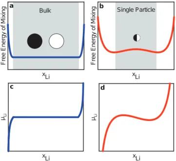 Figure 4. Schematic depictions of (a) the Li x FePO 4 (0 ≤ x ≤ 1) bulk free energy and (b) the Li x FePO 4 (0 ≤ x ≤ 1) free energy within a single particle