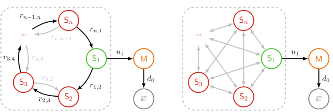 Figure 3.3 – Dynamics of the system in the case of refractory promoters. Black arrows correspond to reactions with positive rates while grey ones indicate reactions that can have rate 0