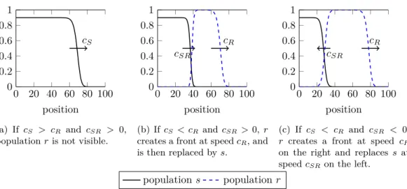 Figure 2: Numerical simulations of the system for different values of the parameters: the global behaviour depends on the comparison between c S and c R , and on the sign of c SR .