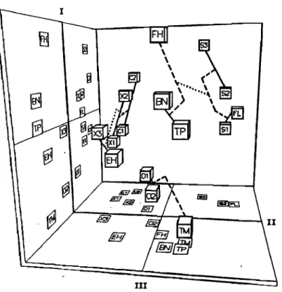 Figure 7  Exemple de solution spatiale générée par un programme de MDS. Une ana- ana-lyse de clustering hiérarchique est représentée par des lignes connectant les instruments entre eux, dans l'ordre d'importance : lignes continues, tirets, pointillés