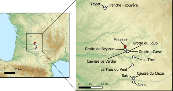 Fig 1. Location of Le Moustier and potential geological sources analysed in this study