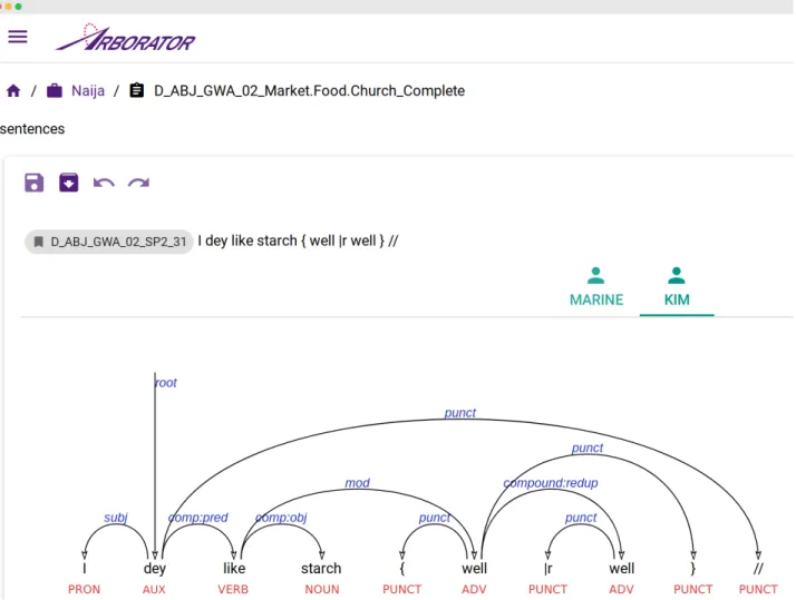 Figure 1: A screenshot of the user interface that gives access to the different annotations of a sentence, with one dependency tree per user