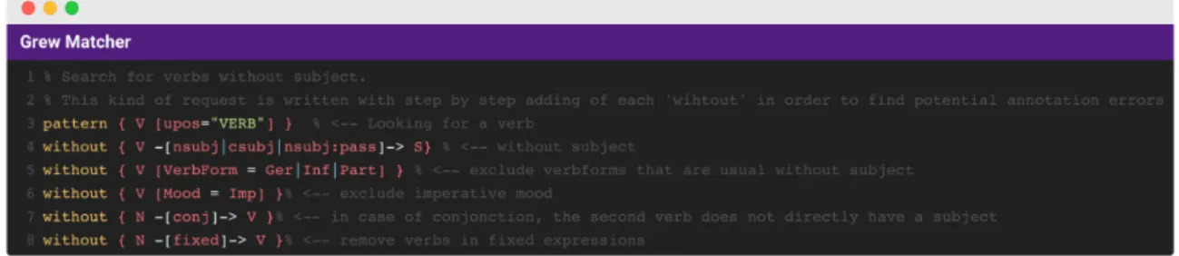 Figure 4: Pattern to look for potential errors on verbs without subjects