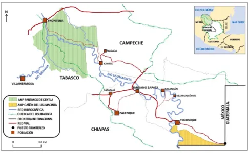 Figura 1: Mapa de localización de la cuenca del río Usumacinta en el estado de Tabasco y las dos áreas  naturales protegidas objeto de estudio: la reserva de la biosfera Pantanos de Centla y el área de protección de flora 